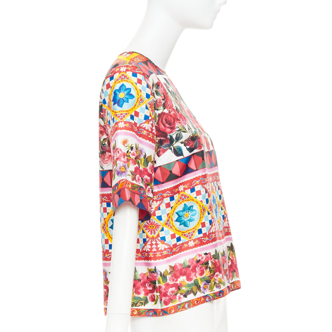 DOLCE GABBANA  Carretto Roses pink multicolor print silk crew top IT38 XS