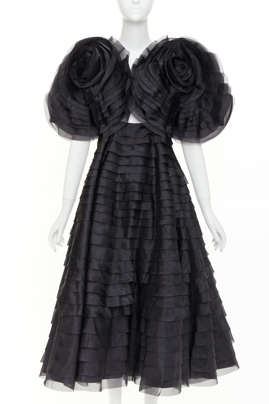 AJE Amour Ruffle Dress dramatic round sleeves rosette tiered midi gown UK8 S