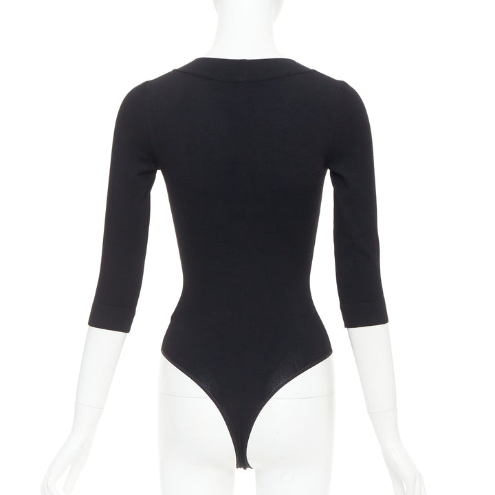 ALAIA black viscose blend V-neck bodysuit t-shirt leotard top FR36 S