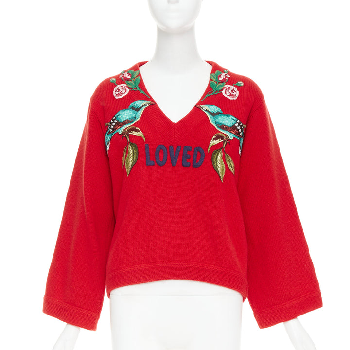 GUCCI 2017 Runway red wool Loved Bird floral embroidered  red wool sweater S