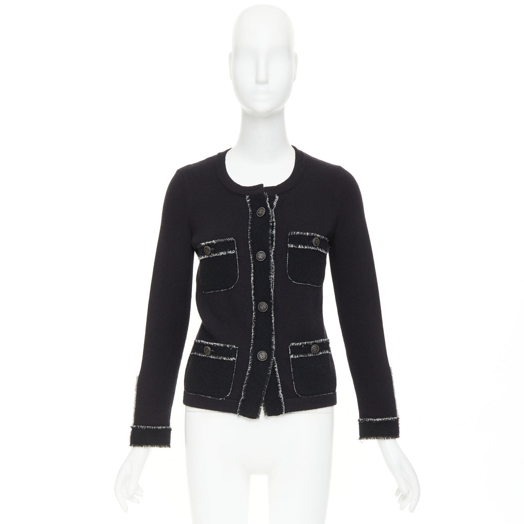 CHANEL 2011 cashmere black cashmere raw edge frayed 4 pocket cardigan FR36 S
