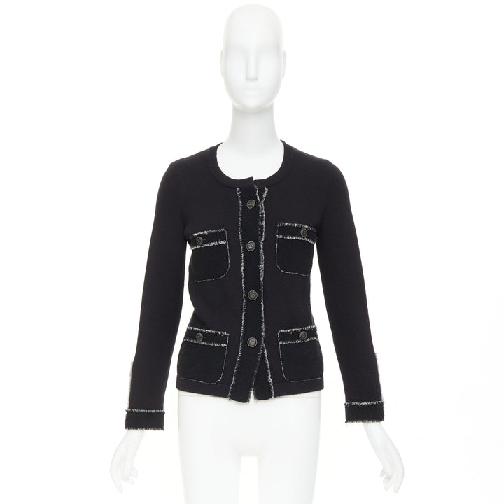 CHANEL 2011 cashmere black cashmere raw edge frayed 4 pocket cardigan FR36 S