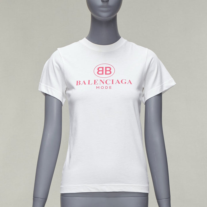 BALENCIAGA 2017 Mode pink logo print short sleeve white cotton tshirt XS