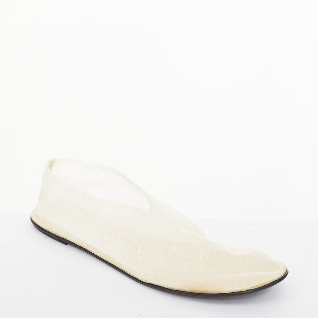 THE ROW Sock Mesh white sheer nylon black leather sole minimal ballet flats EU38