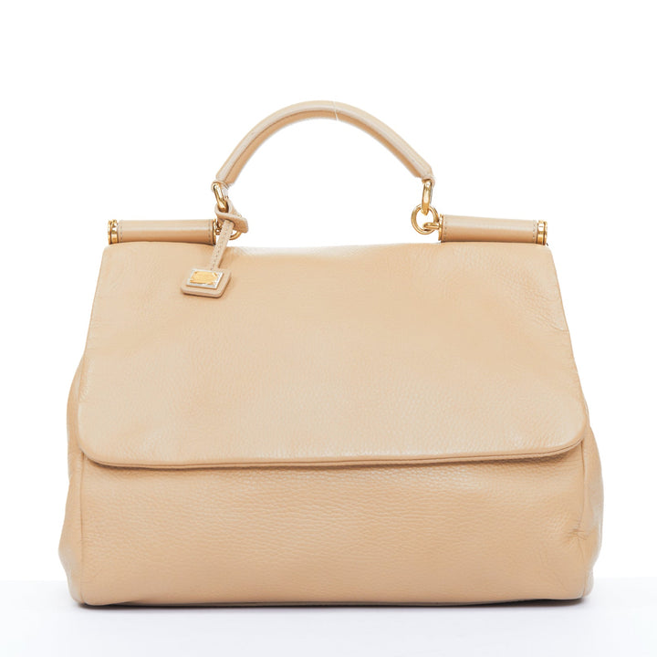 DOLCE GABBANA Miss Sicily beige grained calfskin leather medium satchel bag