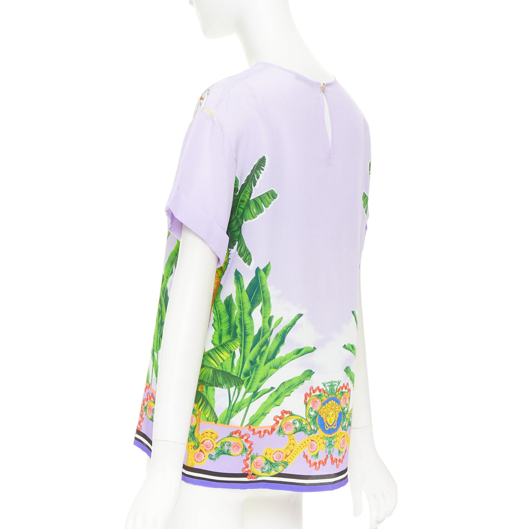 VERSACE Beverly Palm lilac purple silk print short sleeve top IT40 S