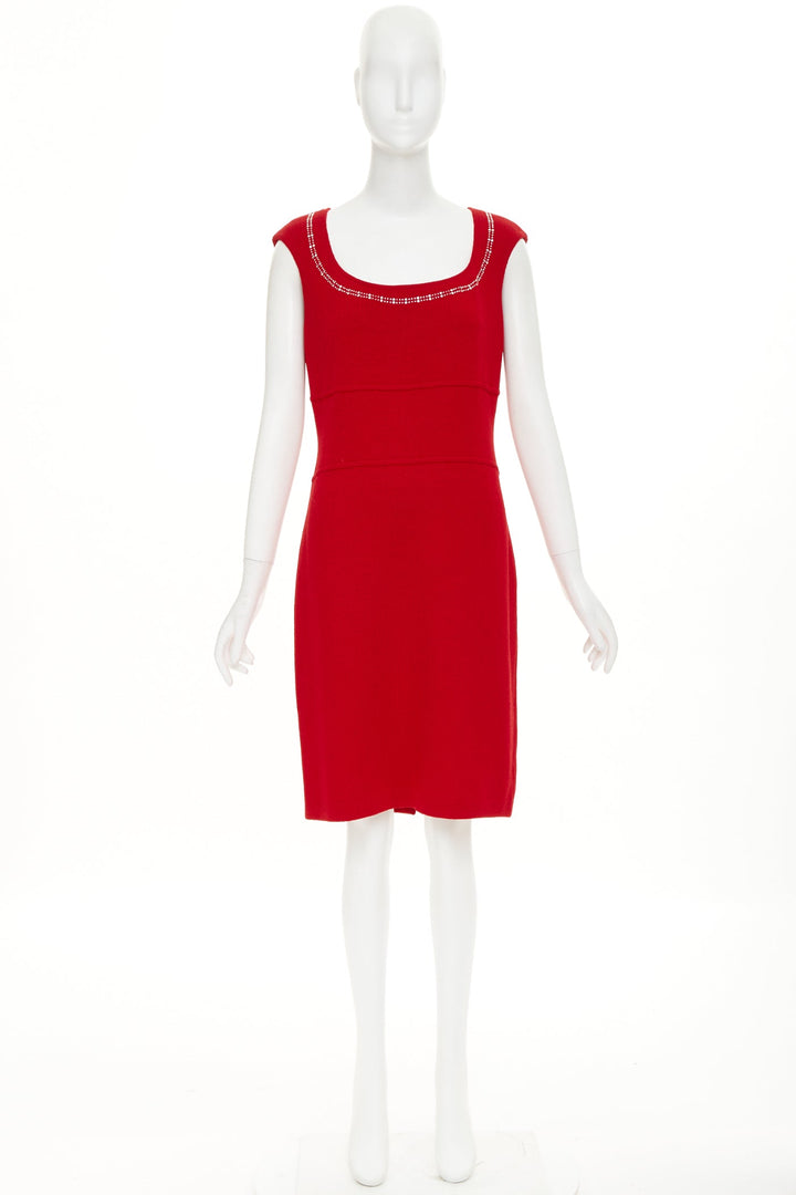 ST JOHN COUTURE Red crystal embellished scoop neck knit dress US8 M