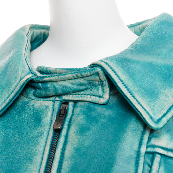 rare MIU MIU 2018 Runway green wash distress lambskin oversized jacket IT36 XXS