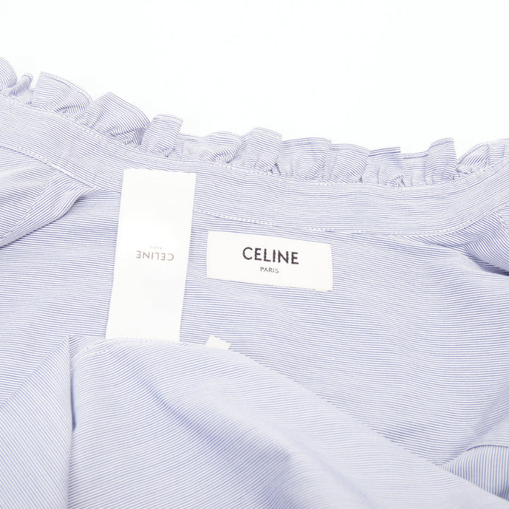 CELINE 2021 striped ruffle mock neck cotton casual button down shirt FR38 M