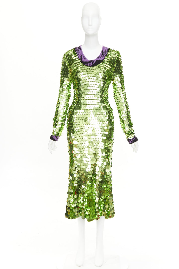 PRADA 2021 Runway green sequin paillettes purple jacquard trim dress IT38 XS