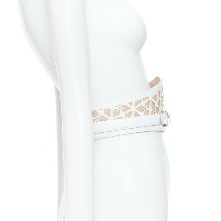 ALEXANDER MCQUEEN white laser cut leather floral silhouette waist belt 65cm