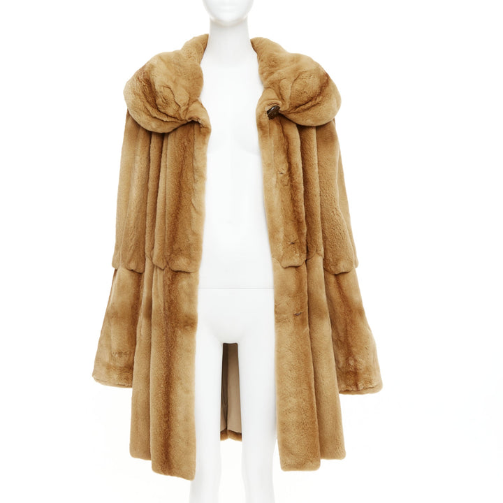 NO BRAND tan brown fur rounded shawl collar statement button long coat