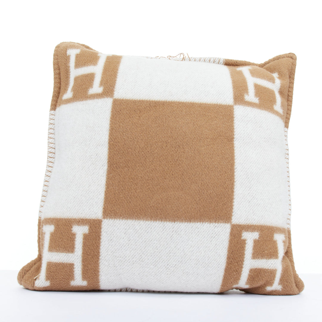 HERMES Avalon Small Model ecru camel merino wool cashmere jacquard pillow PM