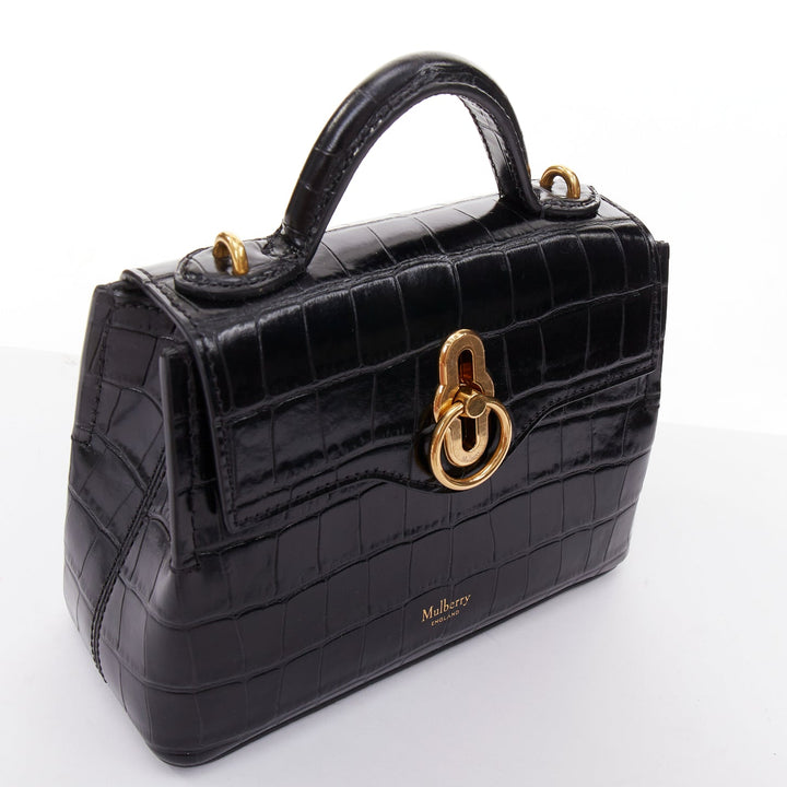 MULBERRY Micro Seaton black embossed cow hide gold turnlock logo crossbody bag