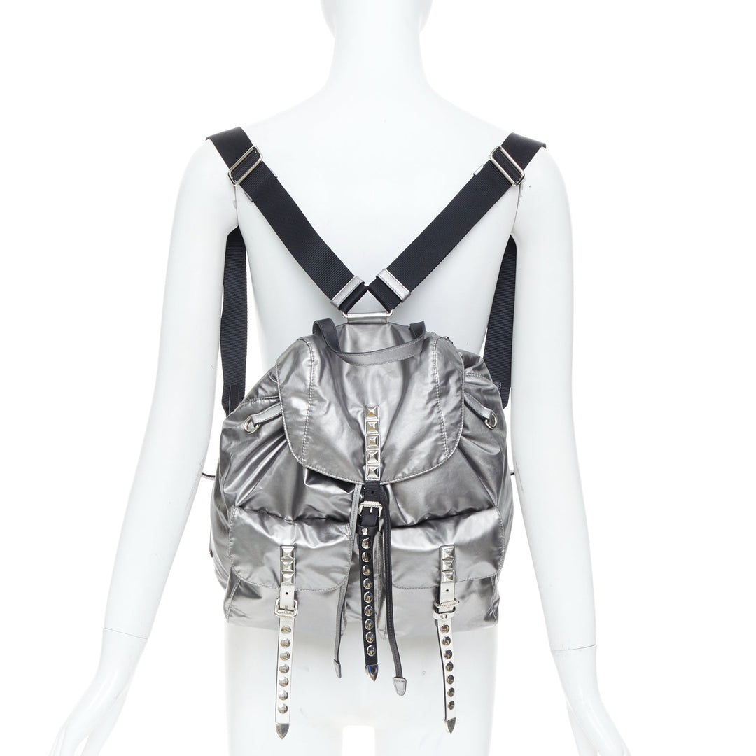 PRADA 2018 Runway New Vela metallic punk studded leather strap nylon backpack