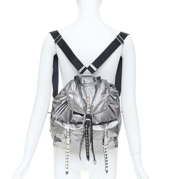 PRADA 2018 Runway New Vela metallic punk studded leather strap nylon backpack