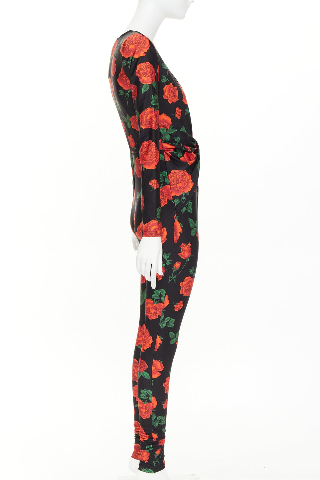 SAINT LAURENT 2022 Runway twist plunging black red rose floral jersey catsuit S
