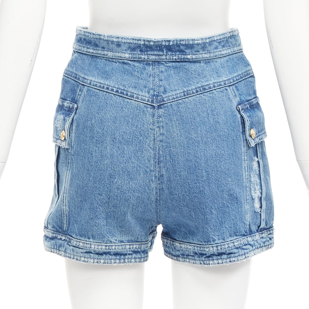 BALMAIN blue distressed denim gold buttons high waisted cargo shorts FR34 XS