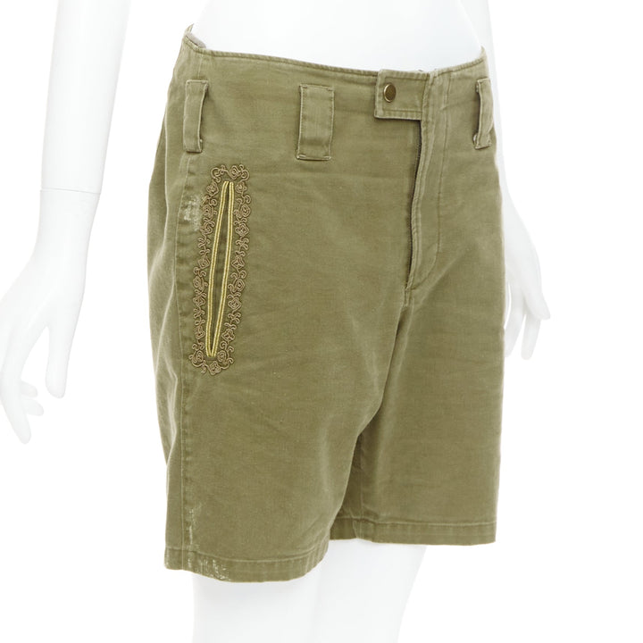 SAINT LAURENT 2018 green gold cotton ramie embroidered military shorts FR36 S