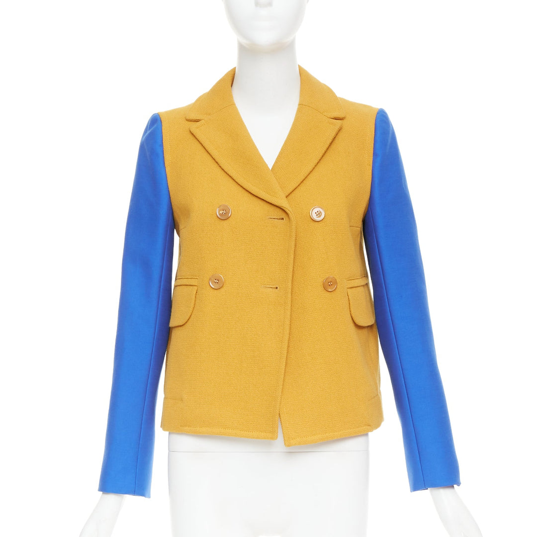CARVEN 2013 yellow wool blue long sleeve pocketed double breasted jacket FR36 S