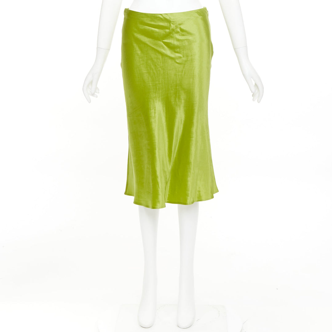 PRADA 2022 Runway fern green satin triangle logo trailing skirt IT38 XS