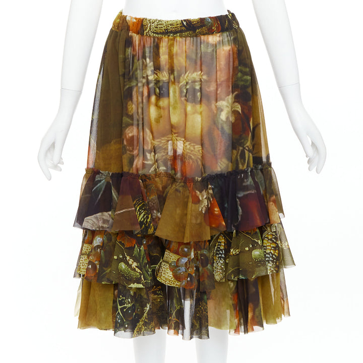 rare COMME DES GARCONS 2018 Vertumnus brown painting sheer chiffon tier skirt S