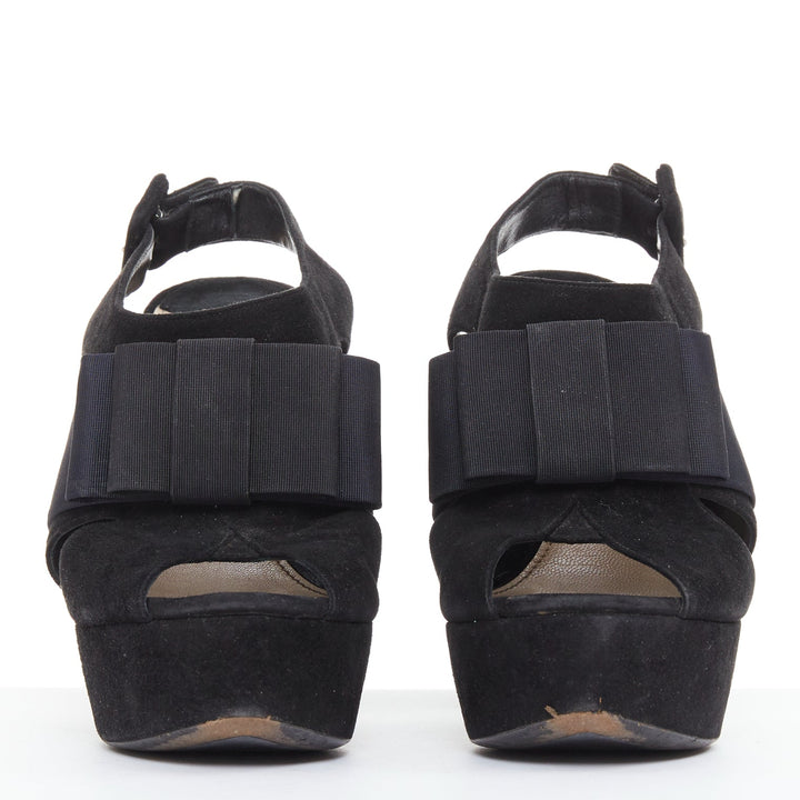 MIU MIU black suede grosgrain origami bow chunky platform heels EU35