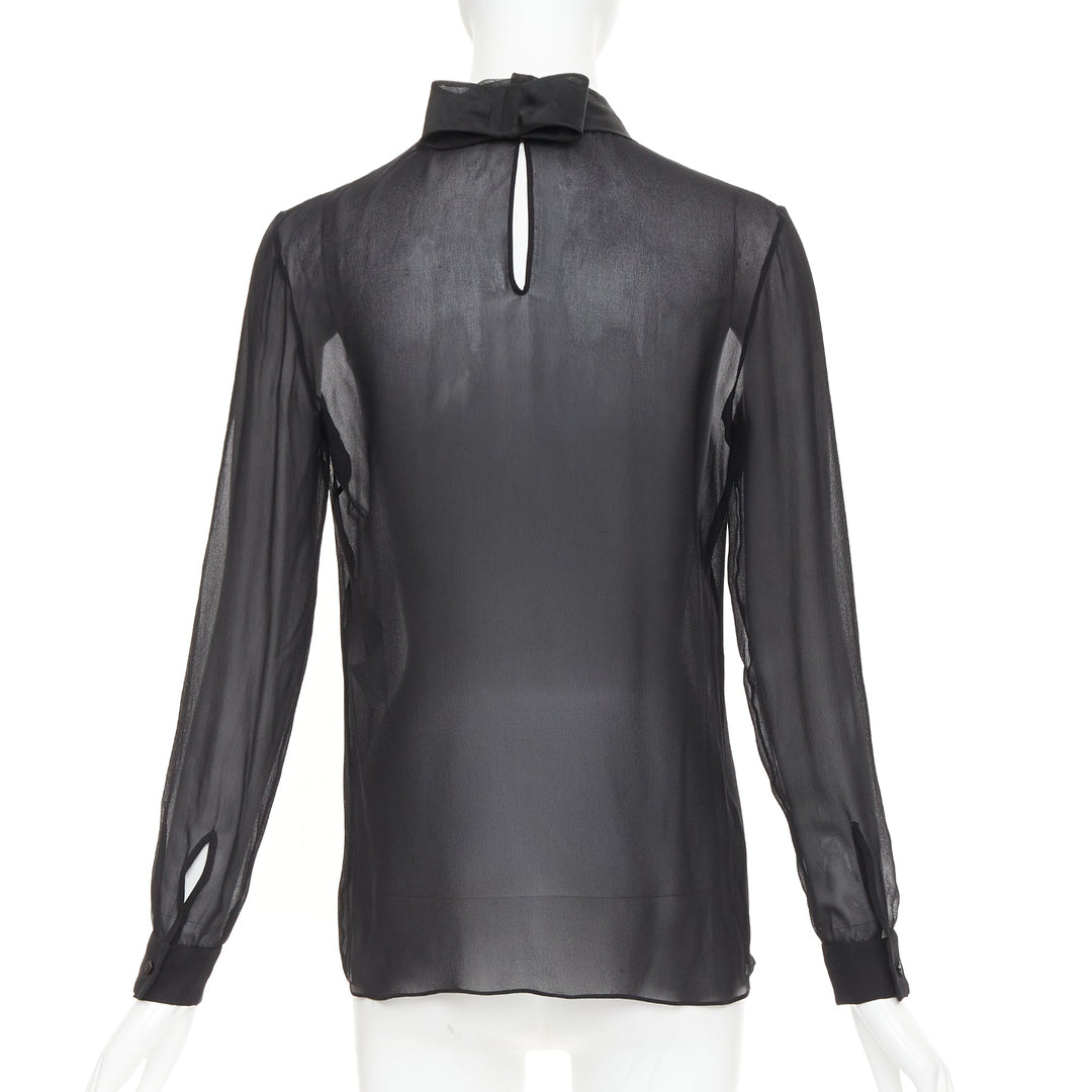 VALENTINO black silk georgette sheer draped high collar ruched blouse top UK6 XS
