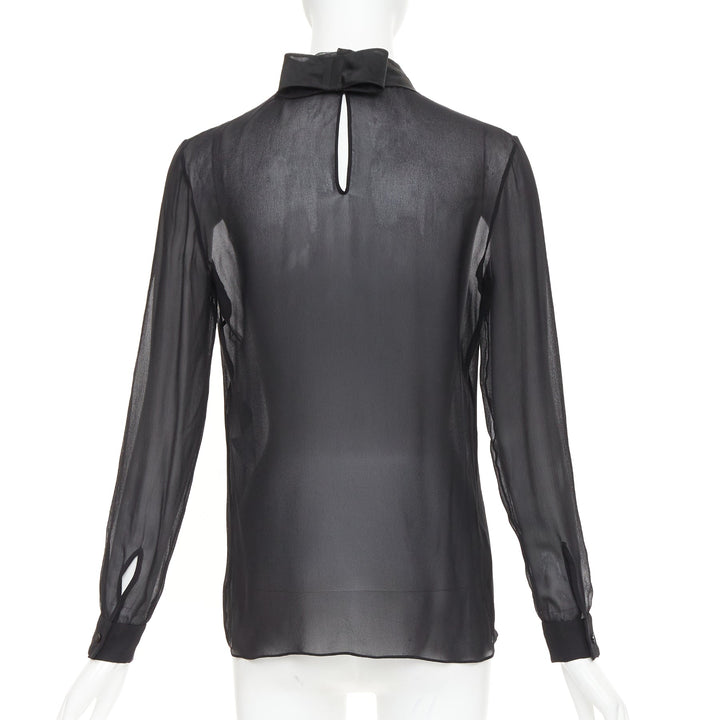 VALENTINO black silk georgette sheer draped high collar ruched blouse top UK6 XS