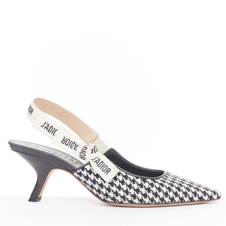 CHRISTIAN DIOR 2019 J'Adior black white houndstooth Ribbon sling pumps EU37.5D