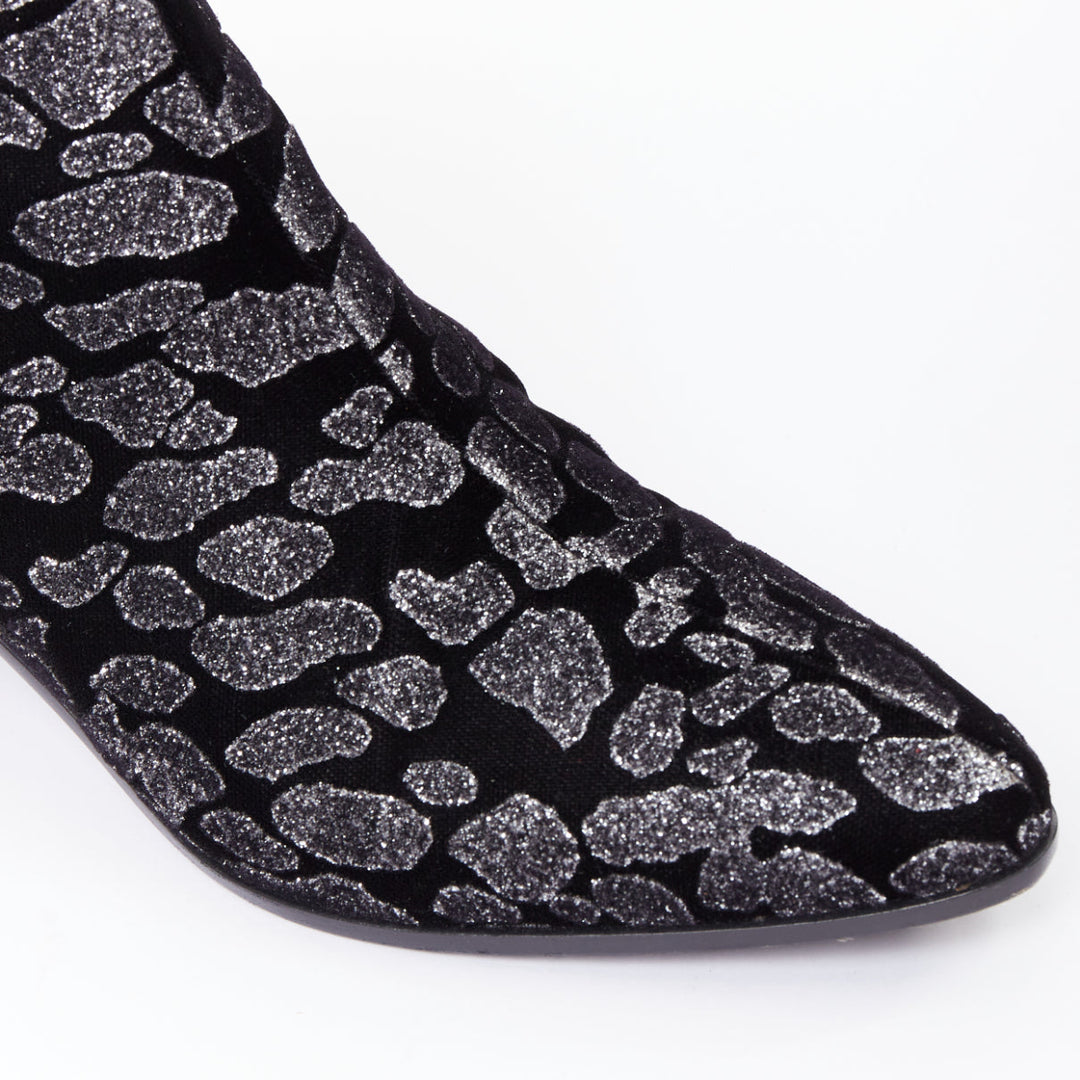 SAINT LAURENT Rock Leopard black grey glitter leopard velvet chelsea boots EU36