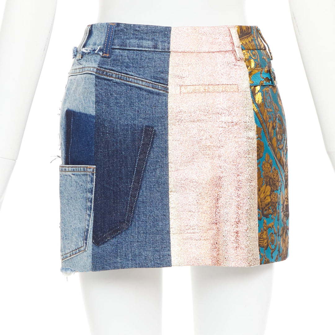 DOLCE GABBANA Denim Minirock gold blue jacquard patchwork mini skirt IT38 XS