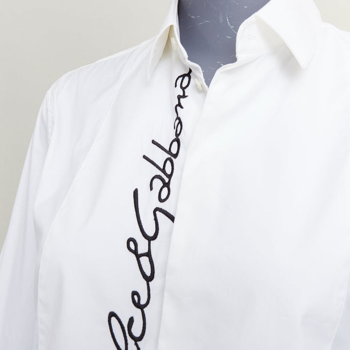 DOLCE GABBANA Sicilia white cotton black logo pleat sleeves shirt EU37 XS