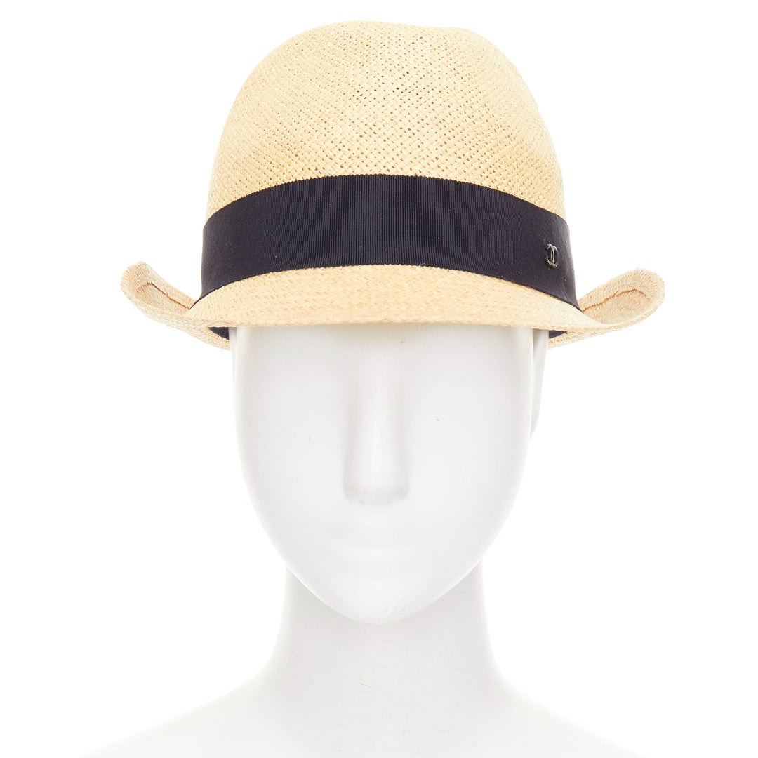 CHANEL beige raffia curled brim navy ribbon CC logo trilby hat M