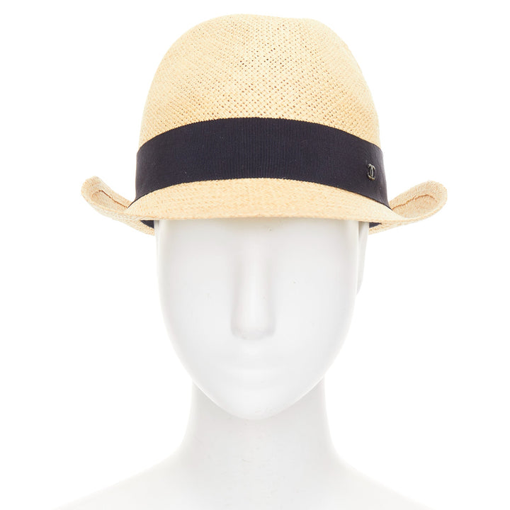 CHANEL beige raffia curled brim navy ribbon CC logo trilby hat M