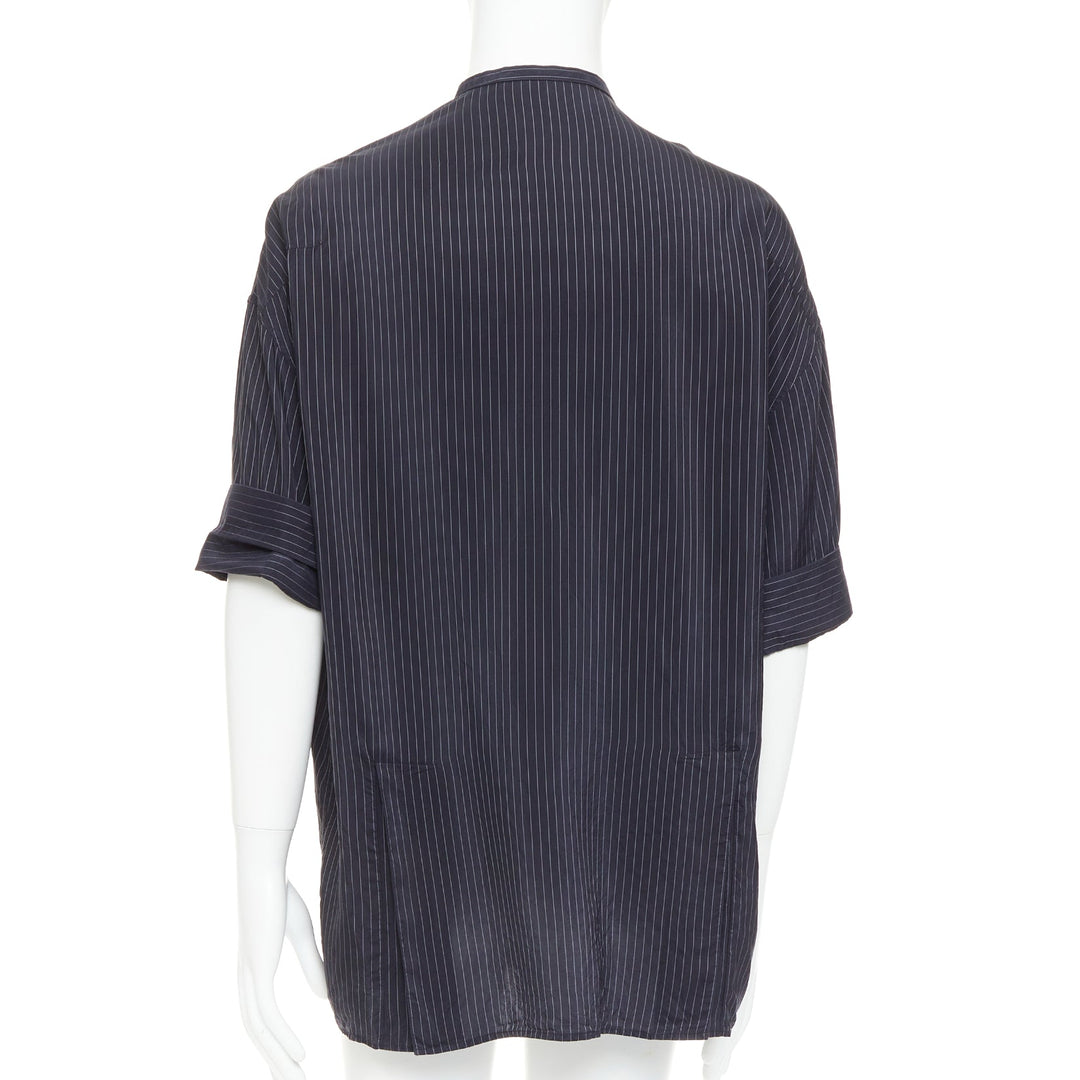 HAIDER ACKERMANN black pinstriped bishop collared half sleeve shirt S