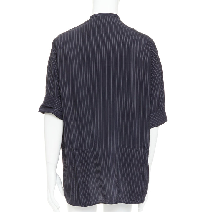 HAIDER ACKERMANN black pinstriped bishop collared half sleeve shirt S