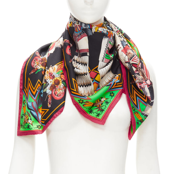 rare HERMES 100% silk black mixed aboriginal print square scarf 90cm