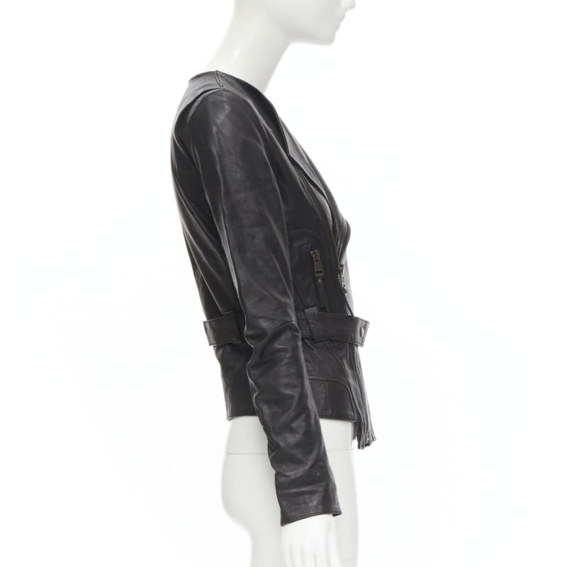 BALENCIAGA 2009 black lambskin leather asymmetric collar biker jacket FR36 XS