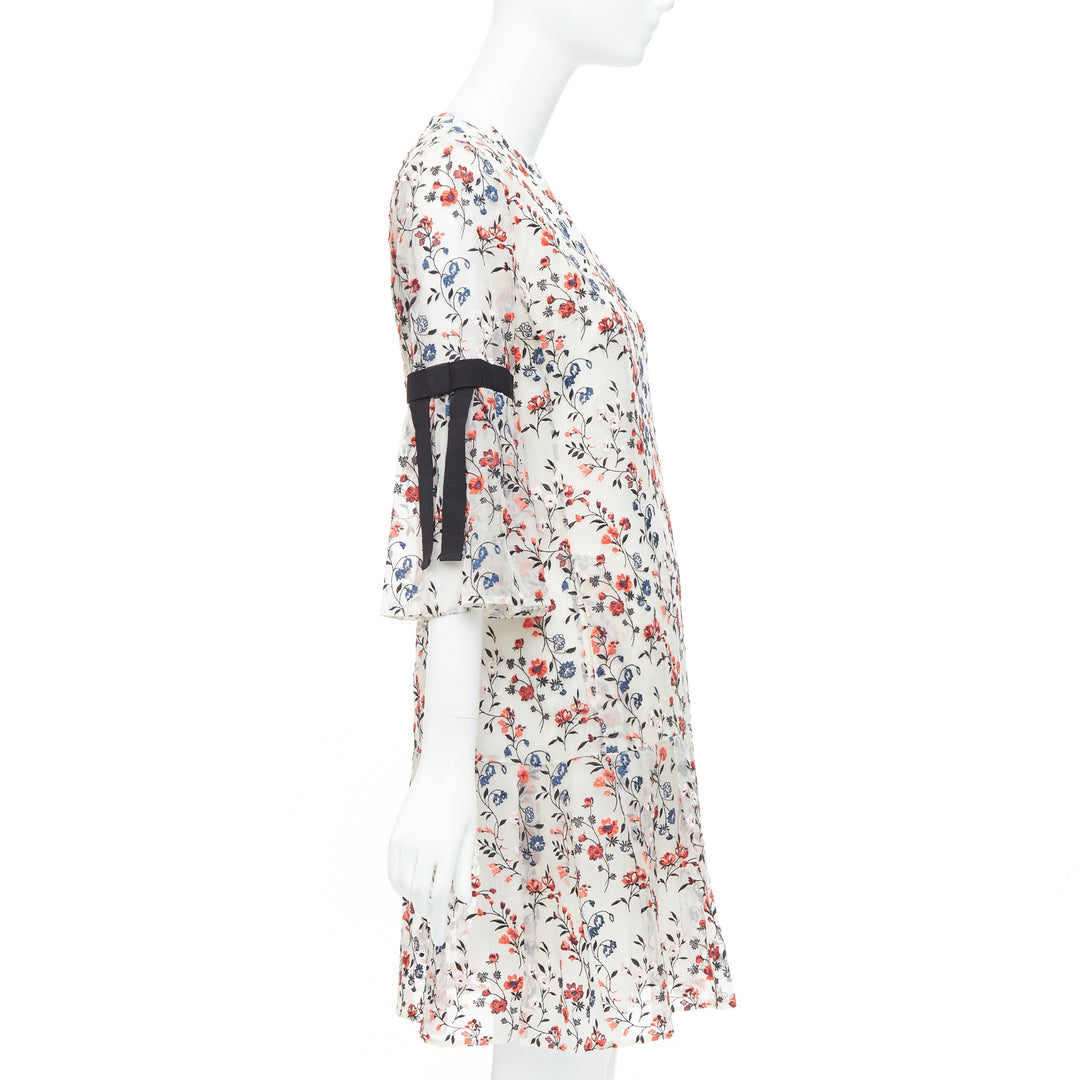 ERDEM Lissy 100% silk white red floral embroidered pleated dress UK8 S