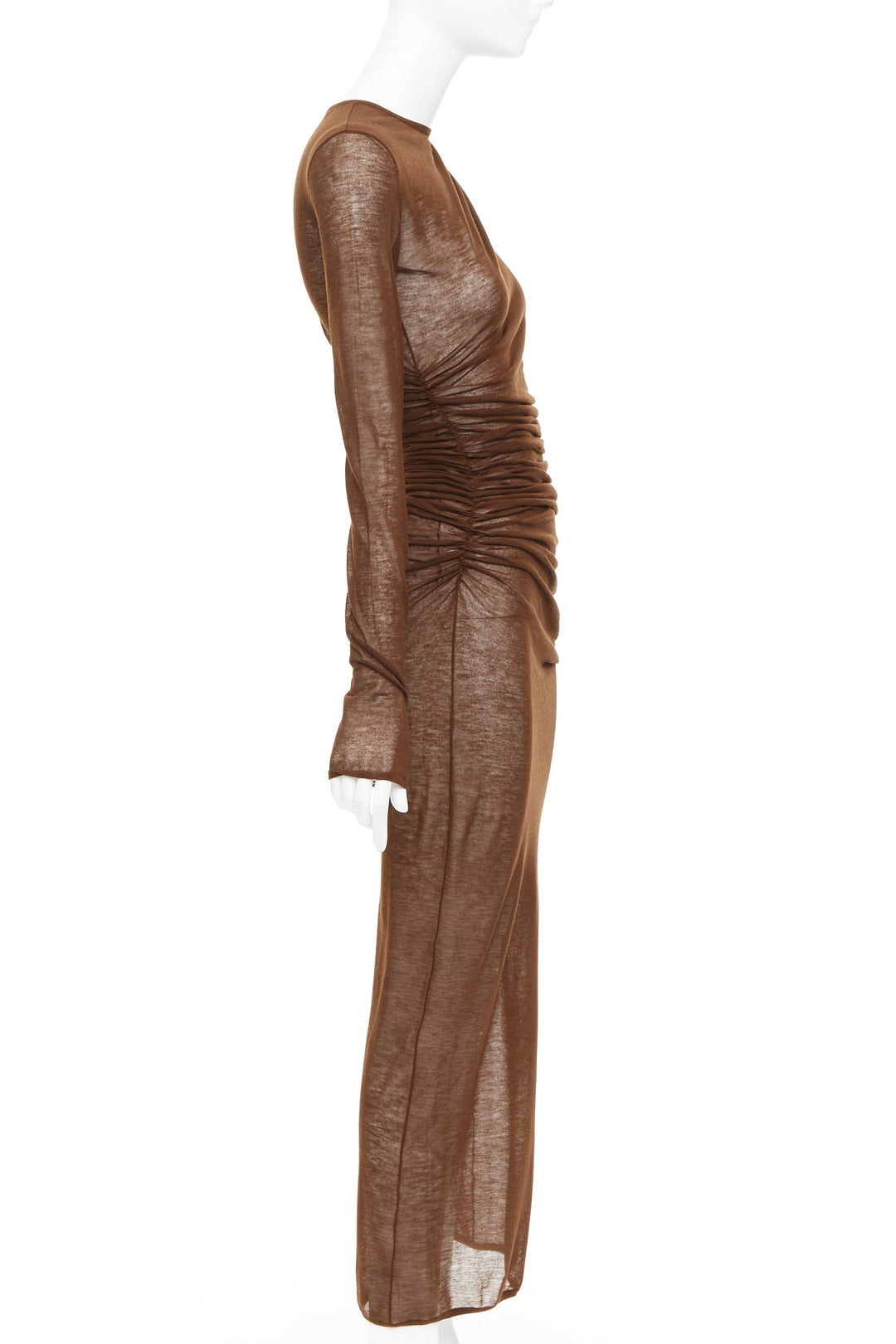 SAINT LAURENT 2023 marron brown sheer wool blend knit side ruched midi dress S