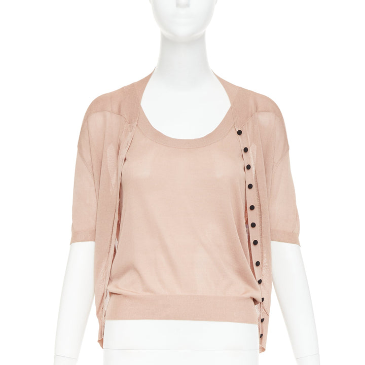 NINA RICCI beige pink 100% silk black button scoop neck cardigan vest set S