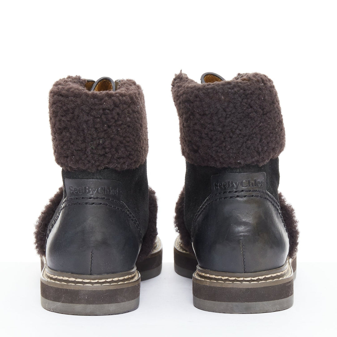 SEE BY CHLOE Eileen brown shearling black suede mountain hiking boots EU37