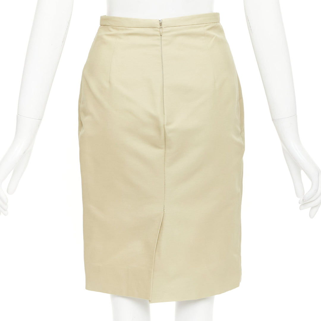 VALENTINO khaki cotton silk darted high waist back slit pencil skirt US2 S