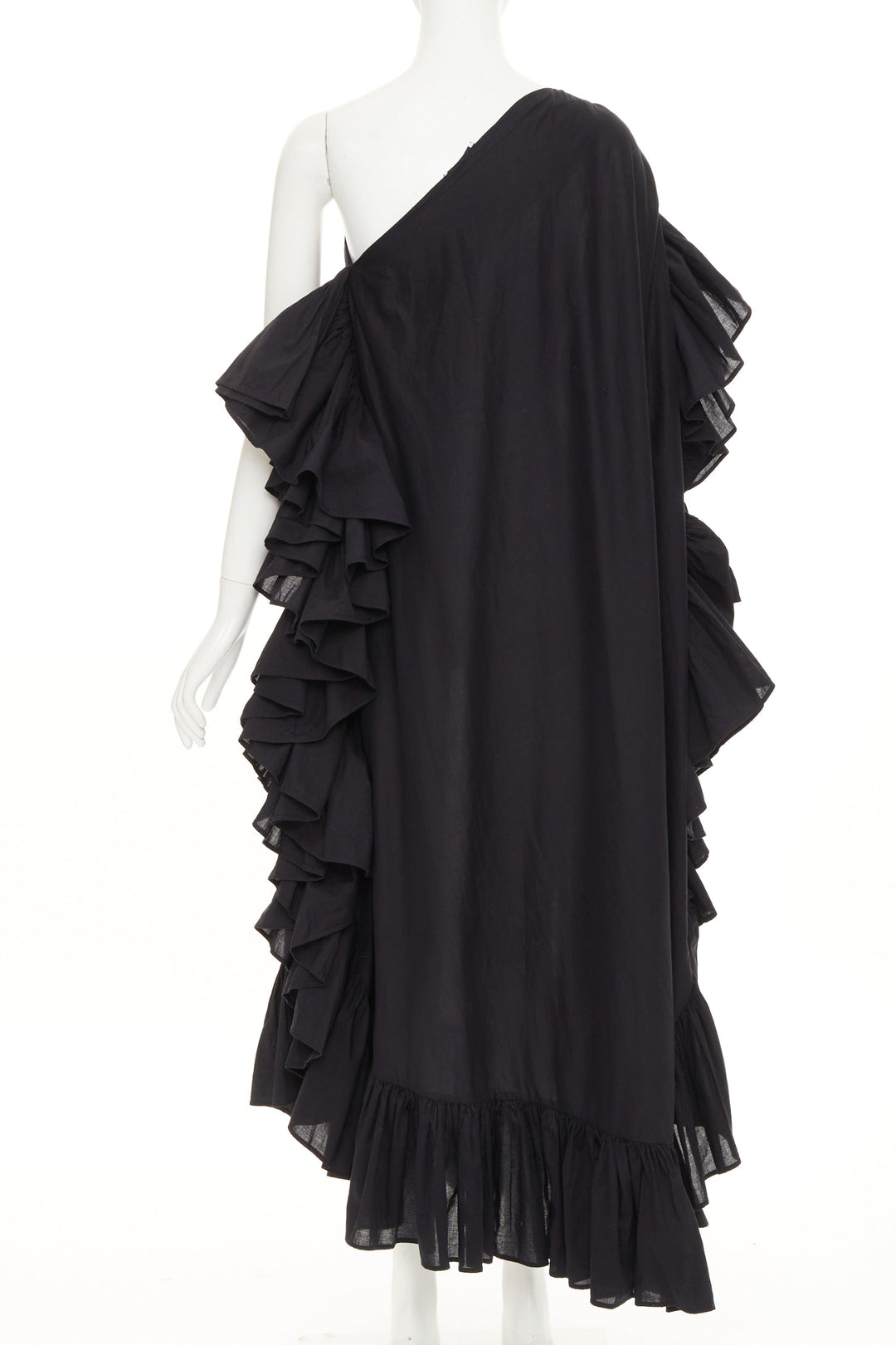 KALITA Evanthie black asymmetric one shoulder ruffled cotton dress S