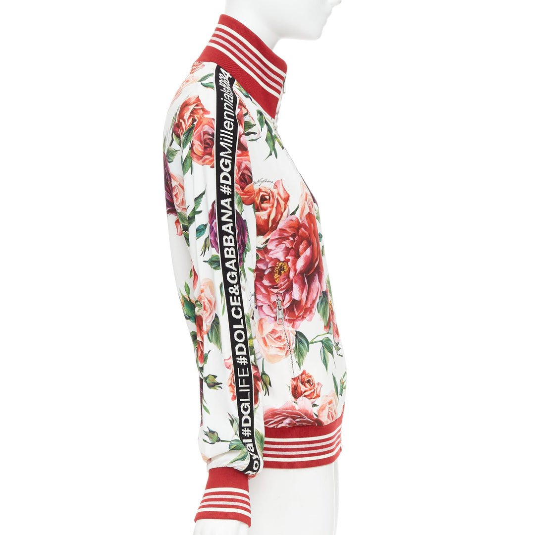 DOLCE GABBANA red rose floral print striped silk track bomber jacket IT36 XXS