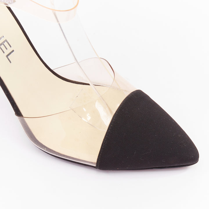 CHANEL 2013 Runway black satin clear PVC plexi CC logo cap toe pump EU38.5