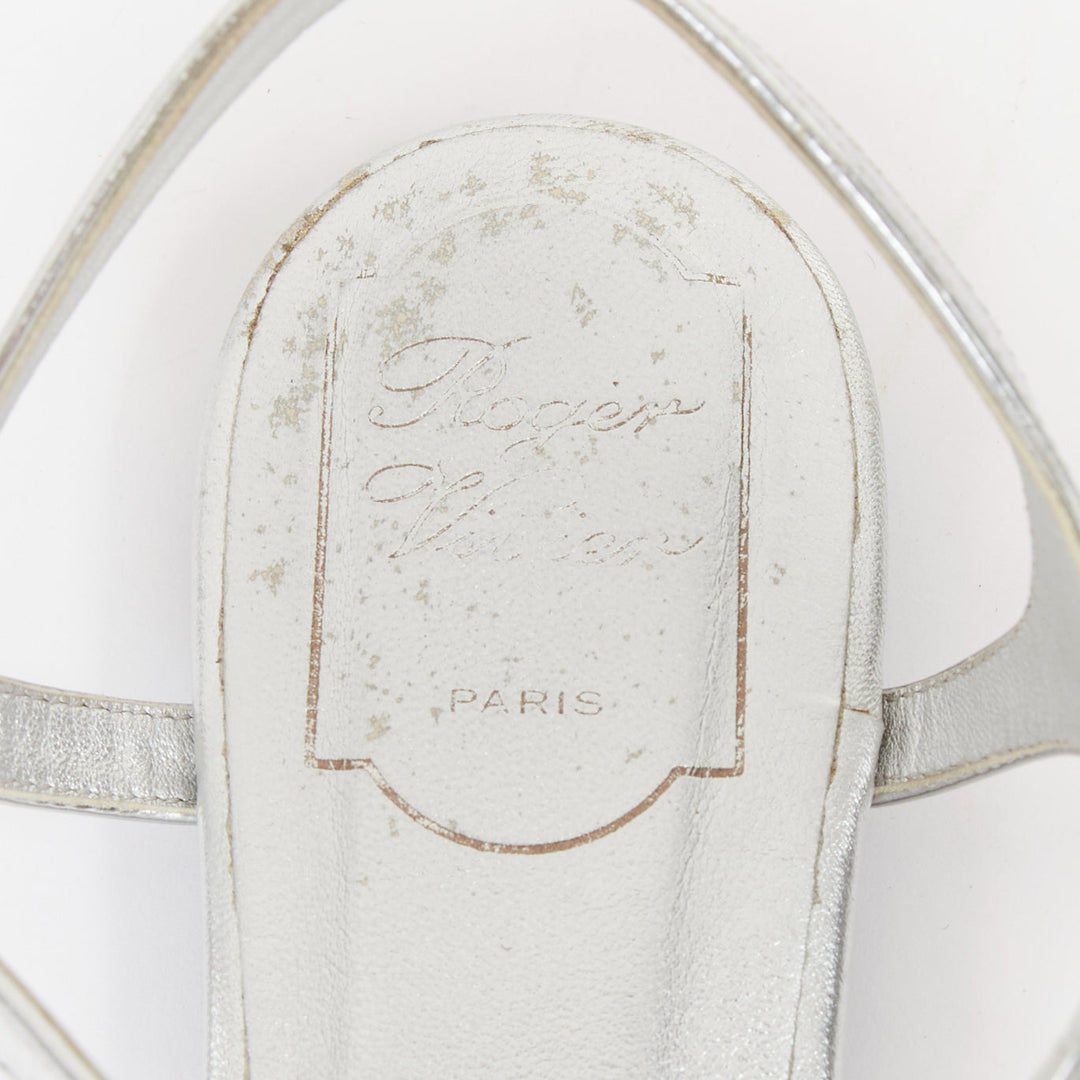 ROGER VIVIER silver crystal buckle metallic leather tstrap sandals EU37