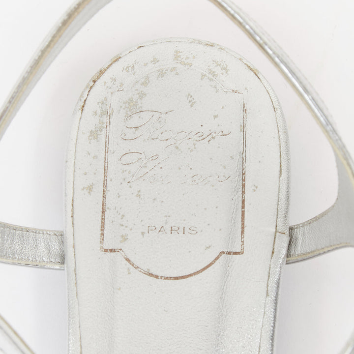 ROGER VIVIER silver crystal buckle metallic leather tstrap sandals EU37