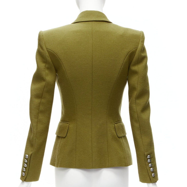 BALMAIN green silver lion button double breasted military blazer jacket FR38 M